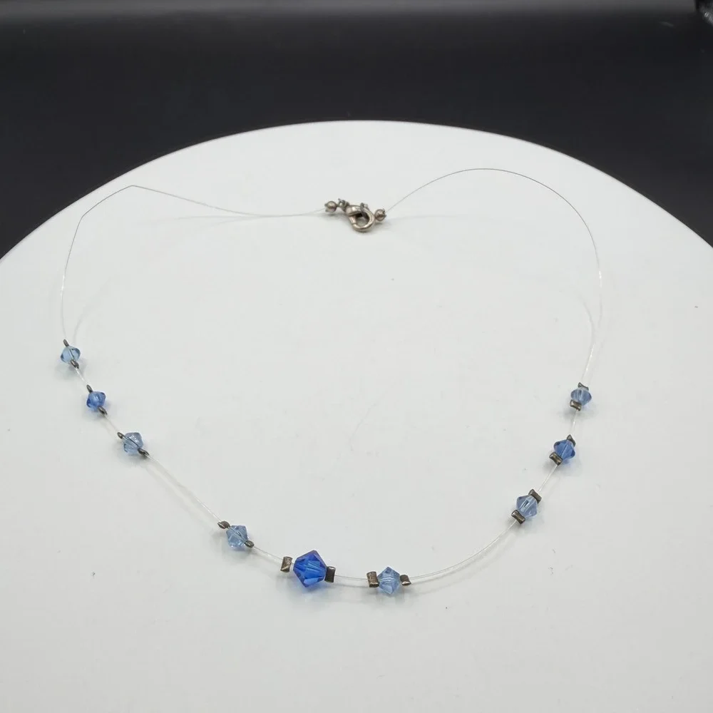 Blue Faceted Crystal Illusion Necklace Clear Wire Minimalist Y2K Gift for Her